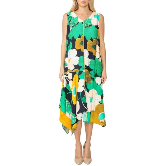 IC Collection Green Handkerchief Dress Woven Floral Print V-Neck A-Line Size L - Picture 2 of 4